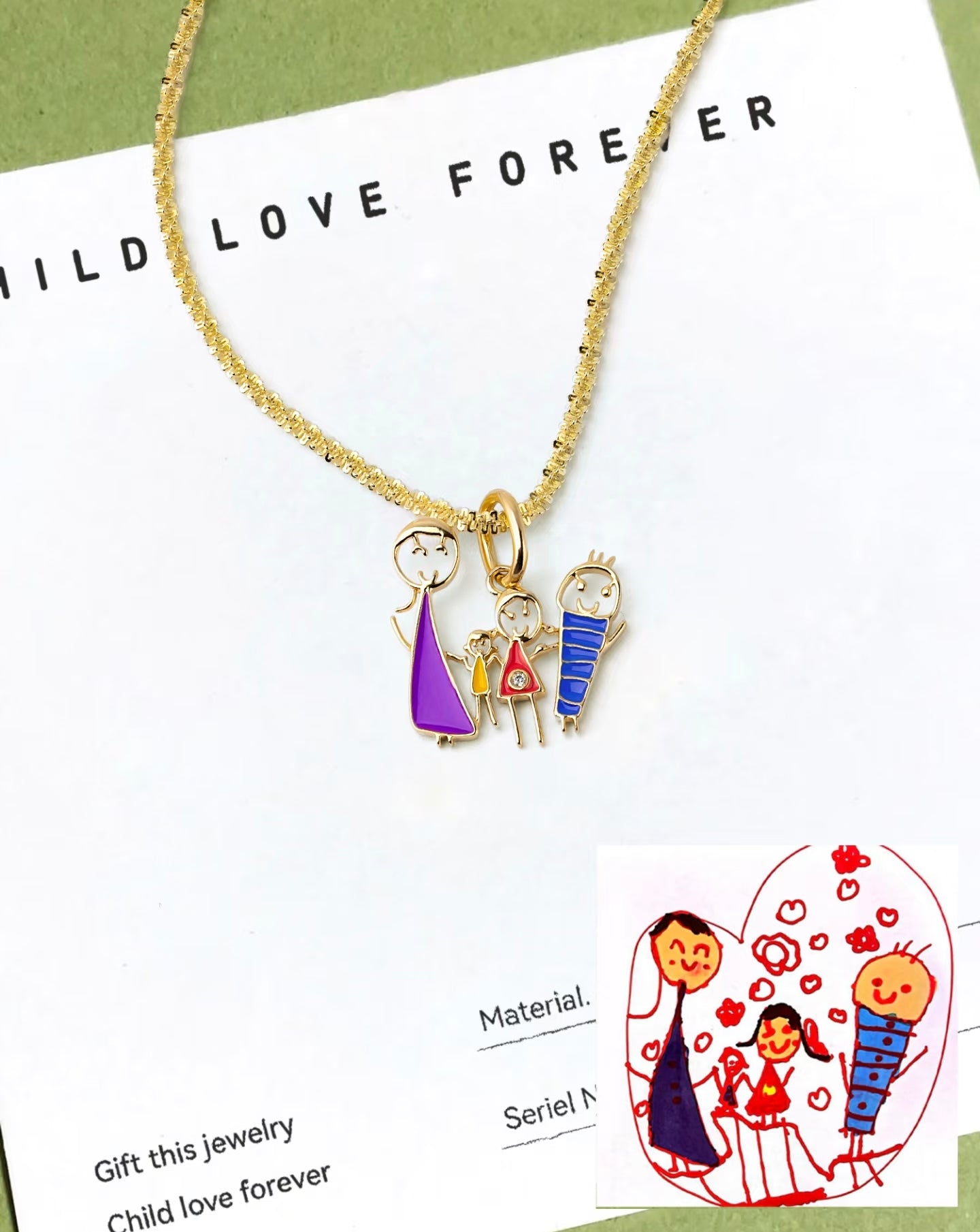 TETEMOM personalized family of four necklace faithfully preserving a child’s artwork as fine jewelry.