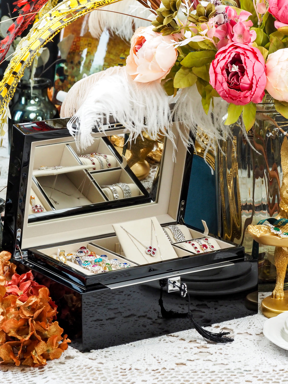 The Woman in Gold · Piano Lacquer Double Layer Jewelry Box — Open jewelry box with jewelry inside, surrounded by flowers and