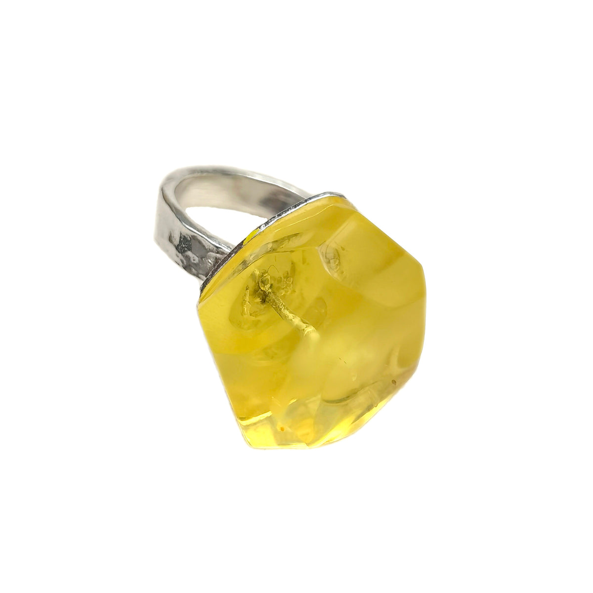 Time Capsule · Golden Amber &amp; Hammered Silver Adjustable Ring — Handcrafted golden beeswax amber ring featuring a faceted