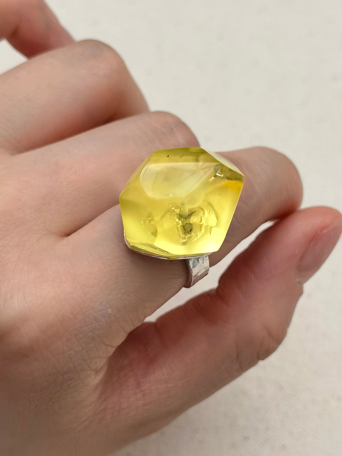 Time Capsule · Golden Amber &amp; Hammered Silver Adjustable Ring — Faceted golden amber ring set in 925 sterling silver