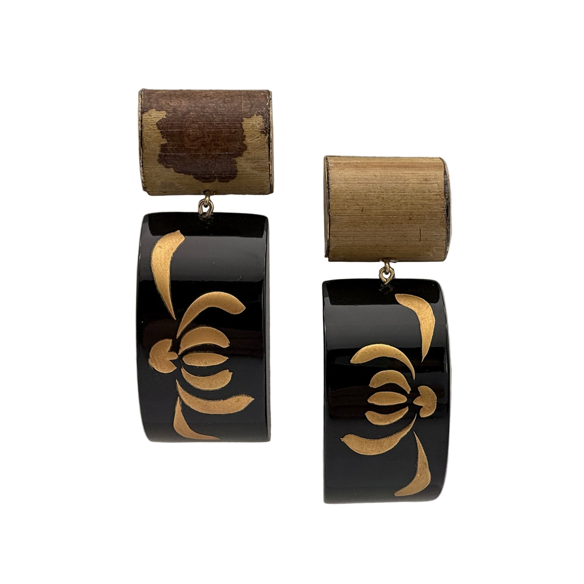 Tranquil Bamboo Lacquer Quasi-Maki-e Earrings — Pair of black earrings with gold floral designs on a gray background