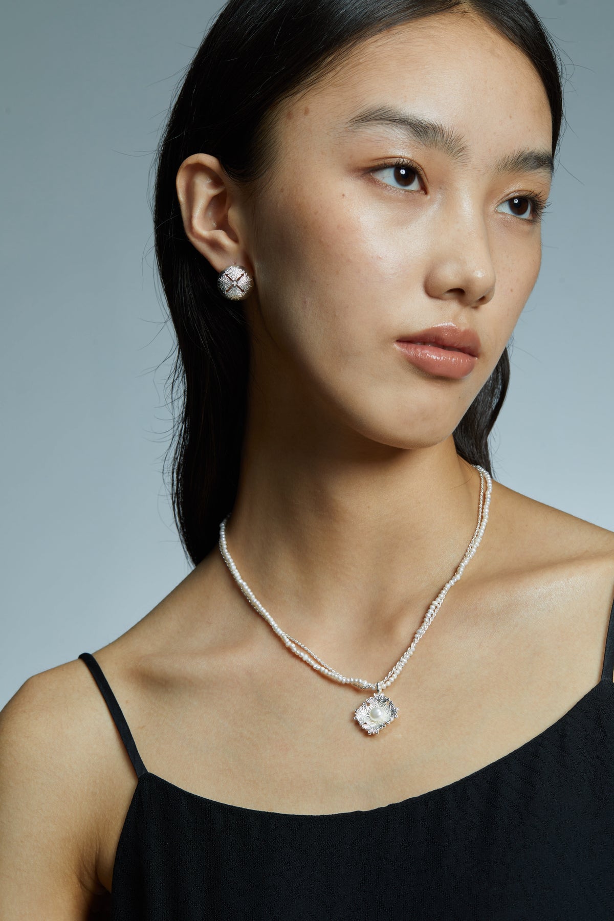 Two-Layer Pearl Rosette Necklace by Luna-mi, product view 4