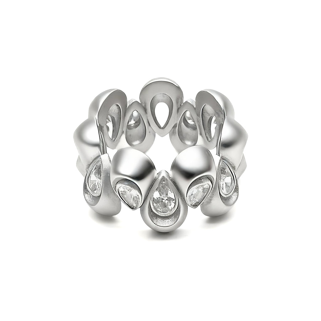 Undulating Form · Cubic Zirconia & Silver Ring — Silver ring with teardrop-shaped stones on a white background