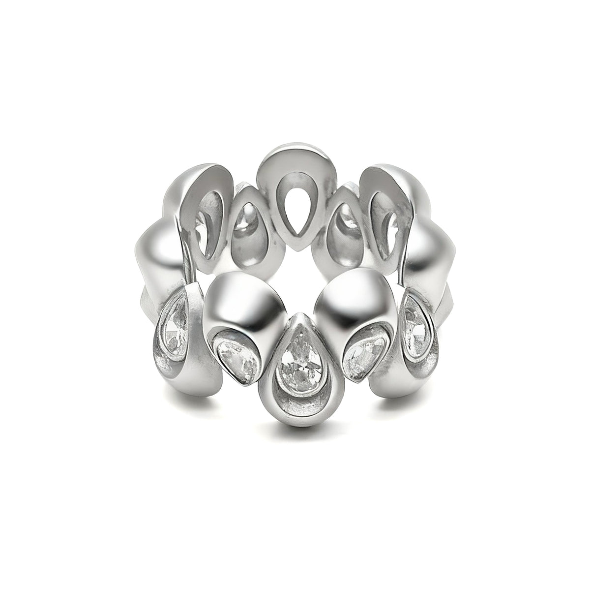 Undulating Form · Cubic Zirconia & Silver Ring — Silver ring with teardrop-shaped stones on a white background