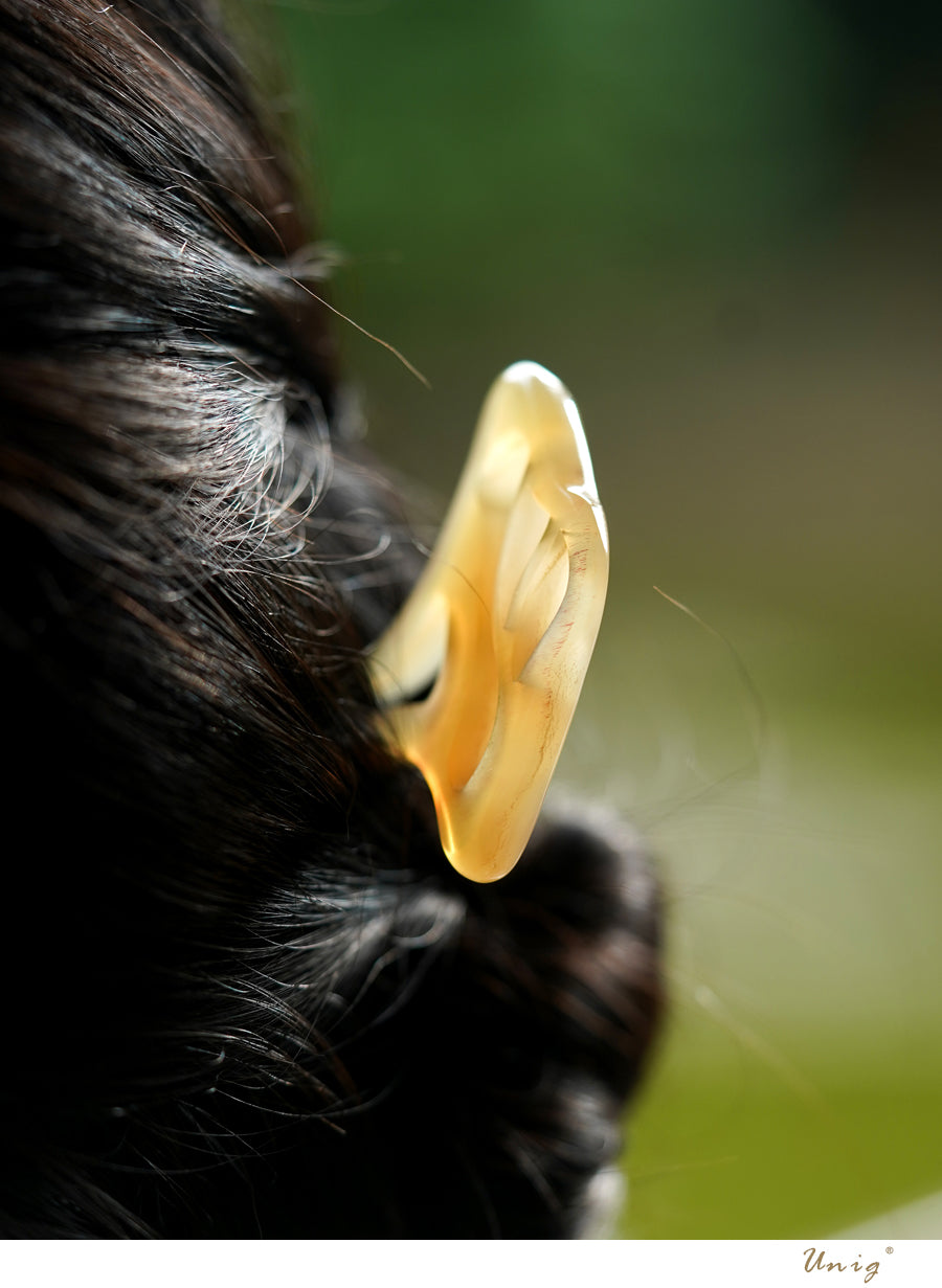 Welcoming Pine Hairpin — Close-up of a dog's ear with a blurred green background