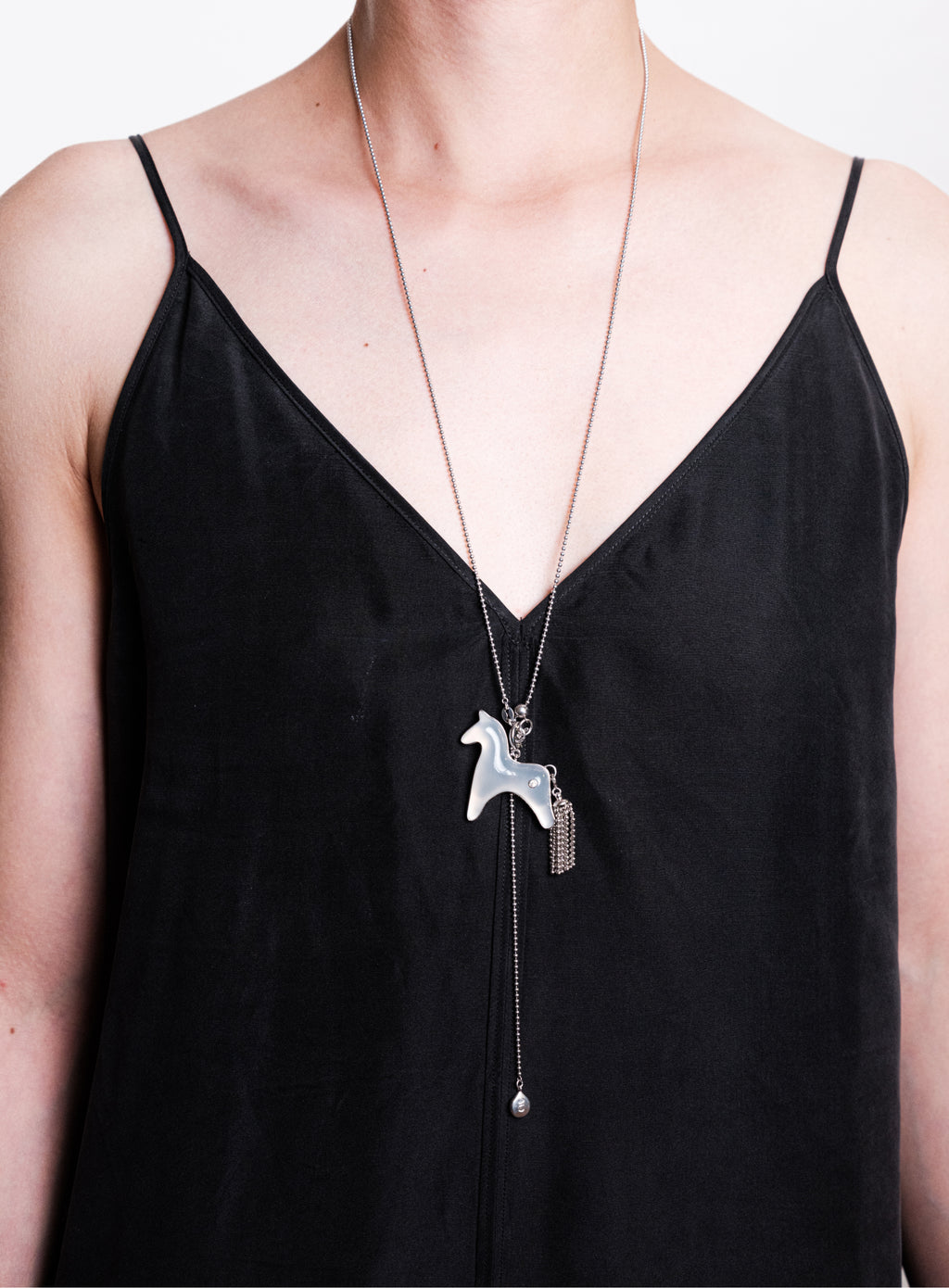 White Chalcedony Horse Charm Necklace with Detachable Tassel by Aesth & Util, product view 2